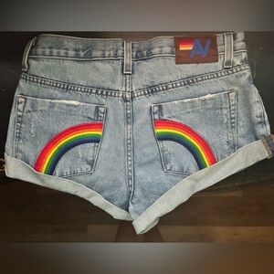 Aviator Nation Denim Shorts with Vibrant Rainbow Accents